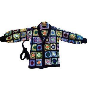 Vintage Granny Square Black Red Blue Pink Cardigan Sweater AMAZING